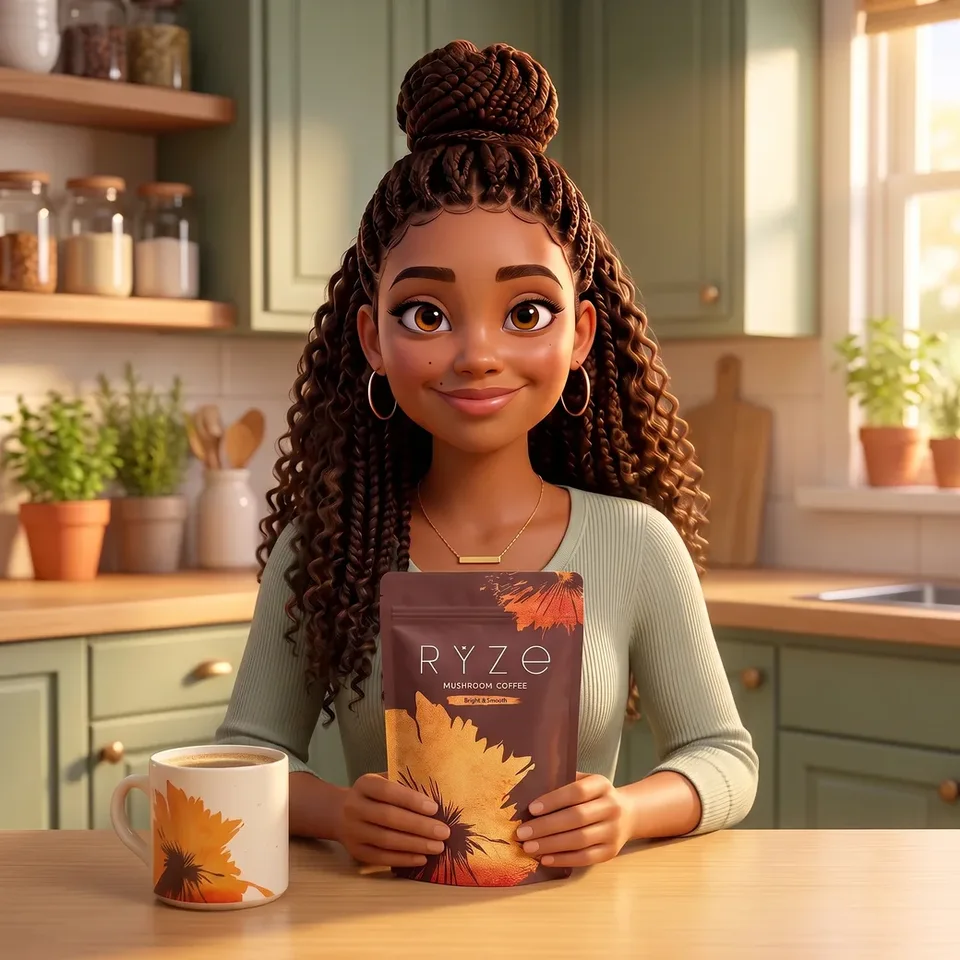 Animated mom holding the brown RYZE Mushroom Coffee pouch with both hands in her sage-green kitchen