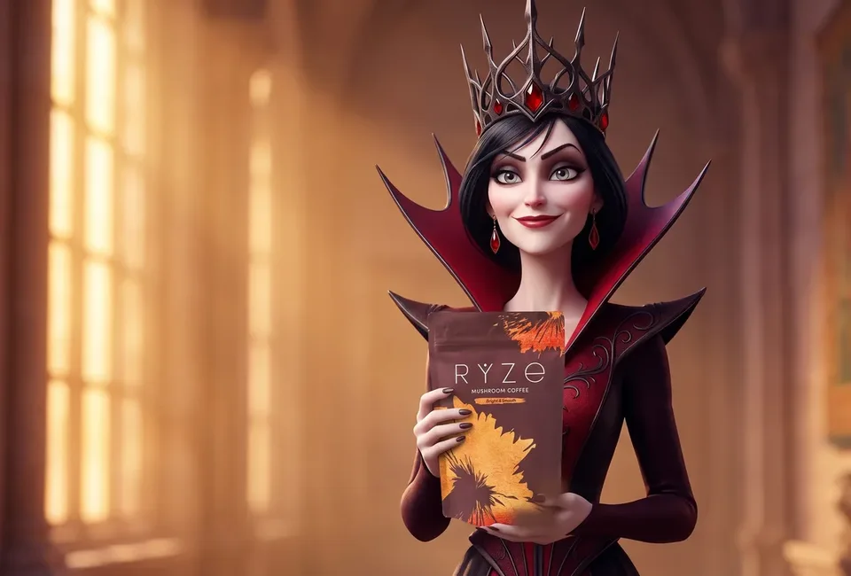 The animated queen in her amber-lit castle hall holding the brown RYZE Mushroom Coffee pouch with both hands, smiling.