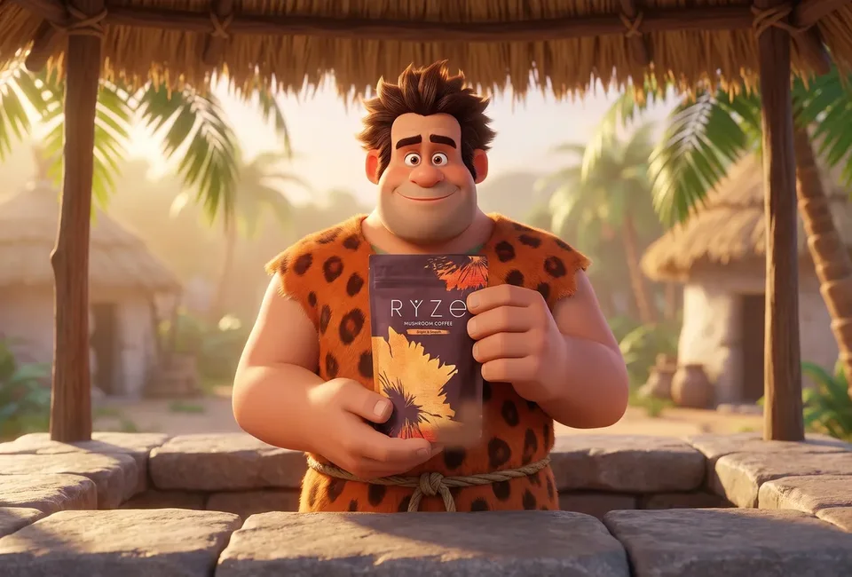 The animated caveman at his stone counter holding the brown RYZE Mushroom Coffee pouch with both hands, smiling.