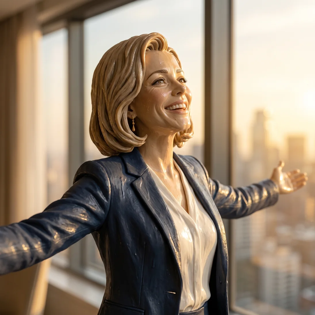 The clay 3D woman from the ad laughing with her arms open at a sunlit home-office window, the city skyline behind the glass.