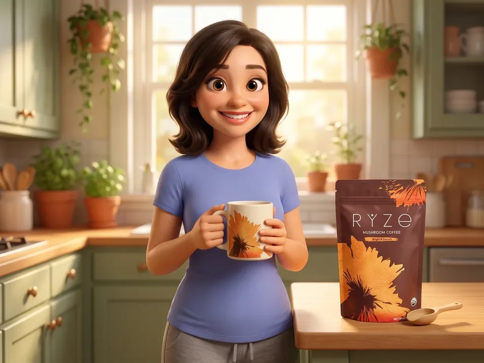 Animated woman holding a RYZE mug at her kitchen counter beside the brown RYZE pouch and the wooden scoop