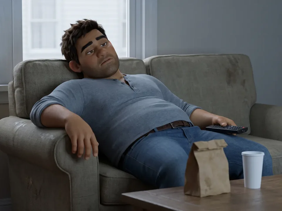 The animated heavyset man in a grey henley sunk into the couch at three in the afternoon, one hand on his tight shirt, a fast-food bag and a plain takeaway cup