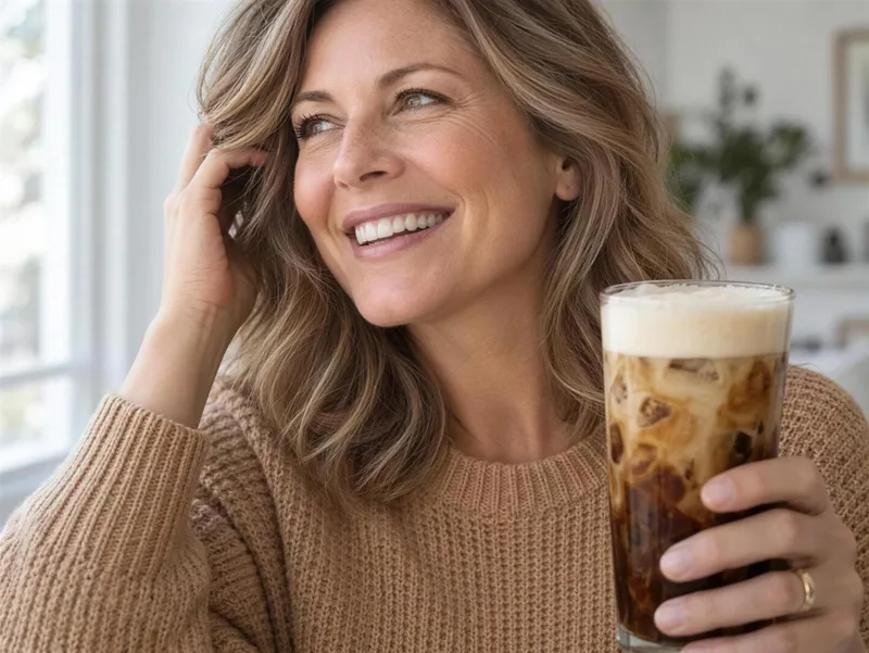 Smiling woman holding a tall glass of creamy RYZE coffee in her kitchen