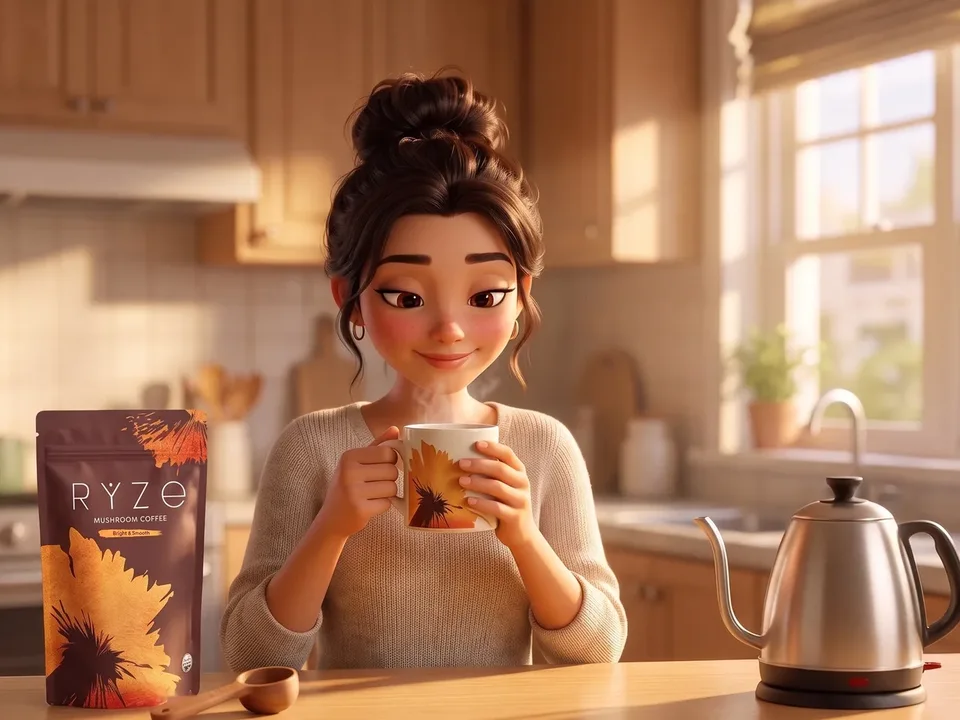 The animated mom at her sunlit kitchen counter with the floral RYZE mug in both hands, the brown RYZE pouch and the wooden scoop beside her.