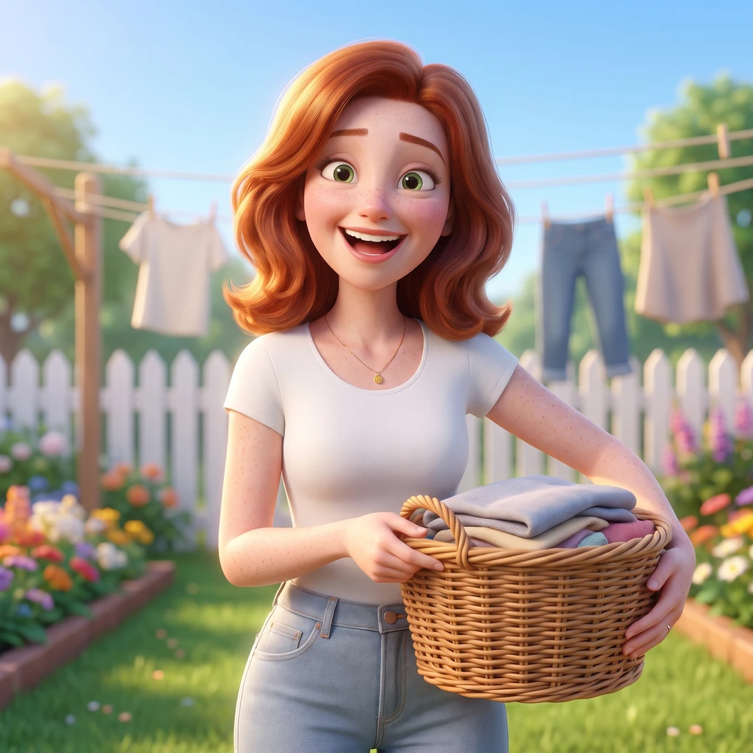 The animated 47-year-old woman from the ad, auburn hair, gold pendant, laughing on the sunny backyard lawn carrying a basket of laundry