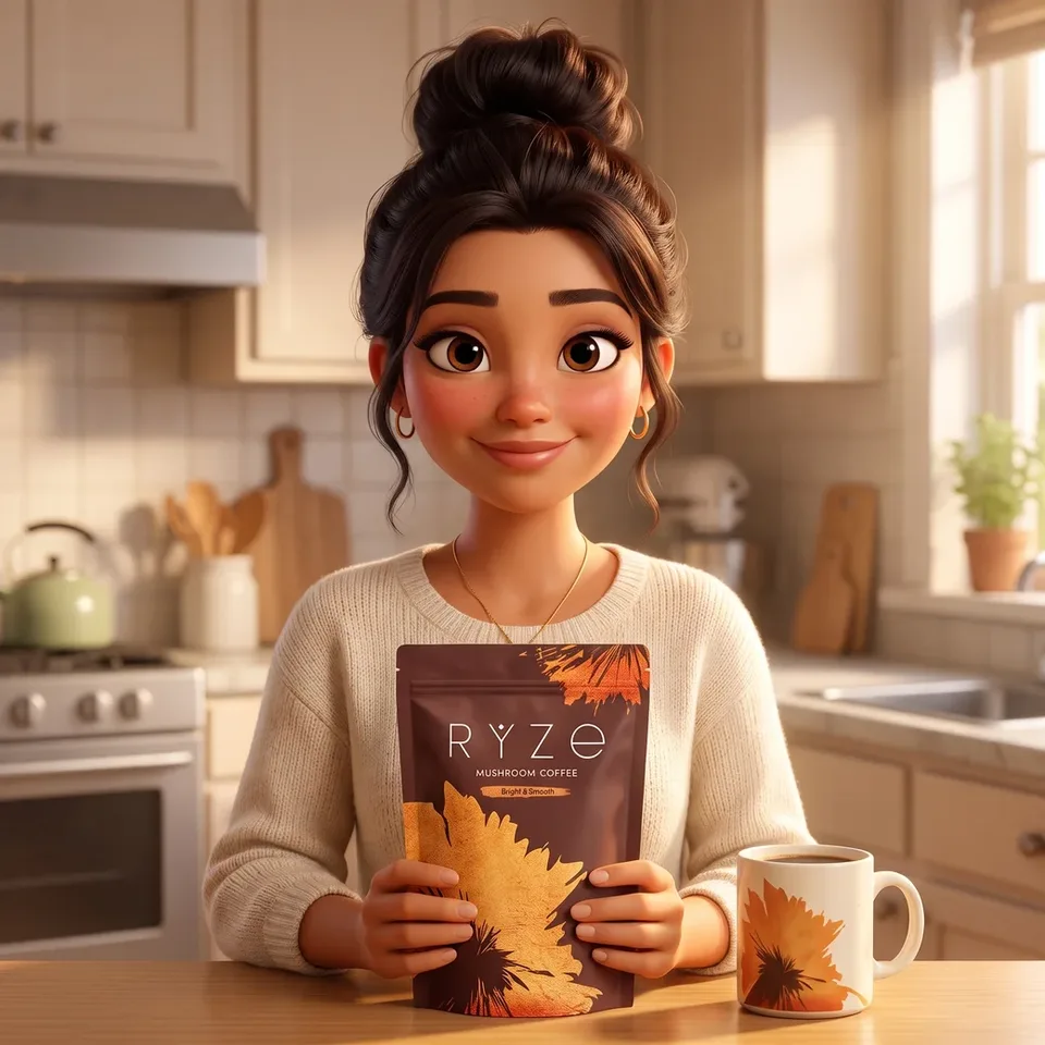 The animated mom holding the brown RYZE Mushroom Coffee pouch with both hands in her warm kitchen, her floral RYZE mug on the counter