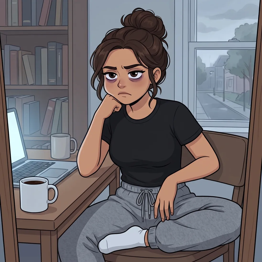 The illustrated woman from the ad slumped at her desk at two in the afternoon, chin on her fist, a plain mug of coffee by the laptop.