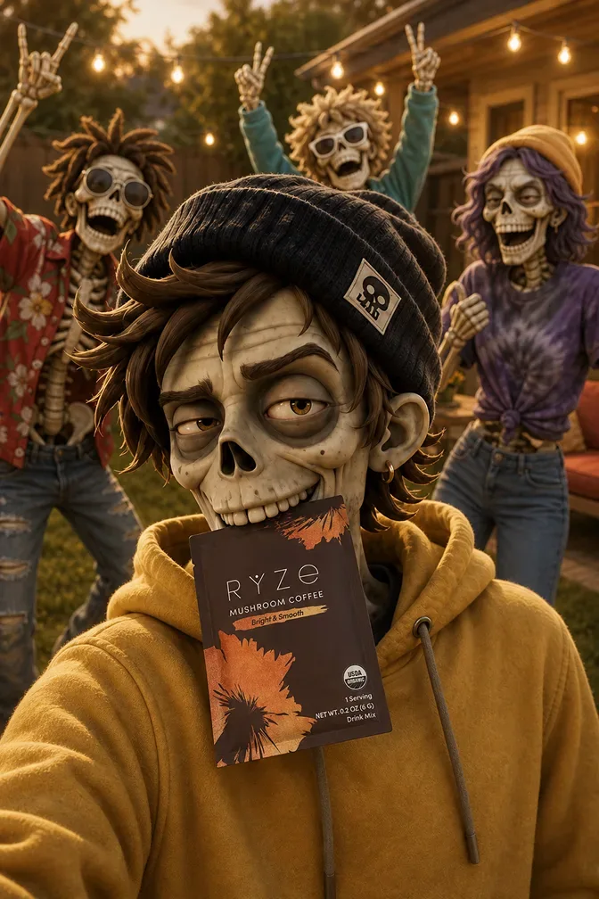Skeleton character holding a RYZE Mushroom Coffee sachet at a backyard hangout with friends