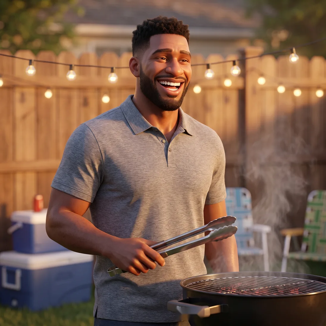 The same man laughing at the grill in his backyard at golden hour under string lights