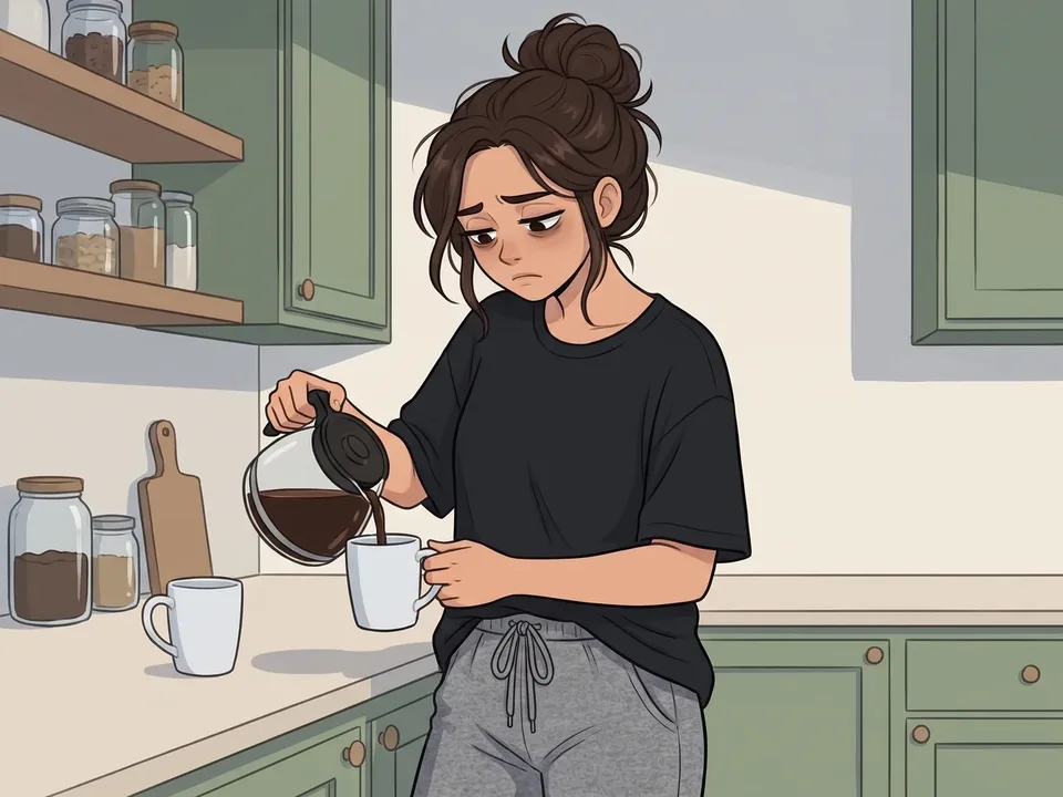 The illustrated woman from the ad pouring another coffee into a plain mug at seven in the morning, tired, grey light.