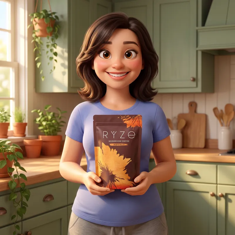 Animated woman holding the brown RYZE Mushroom Coffee pouch at chest height in her kitchen
