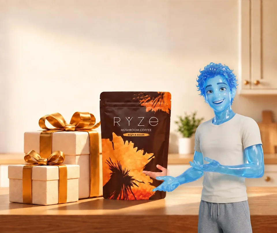 UP TO 40% OFF + FREE GIFTS. RYZE coffee and two wrapped gifts on a kitchen counter with the young man made of translucent blue glass from the ad, in his cream tee presenting them in the foreground.