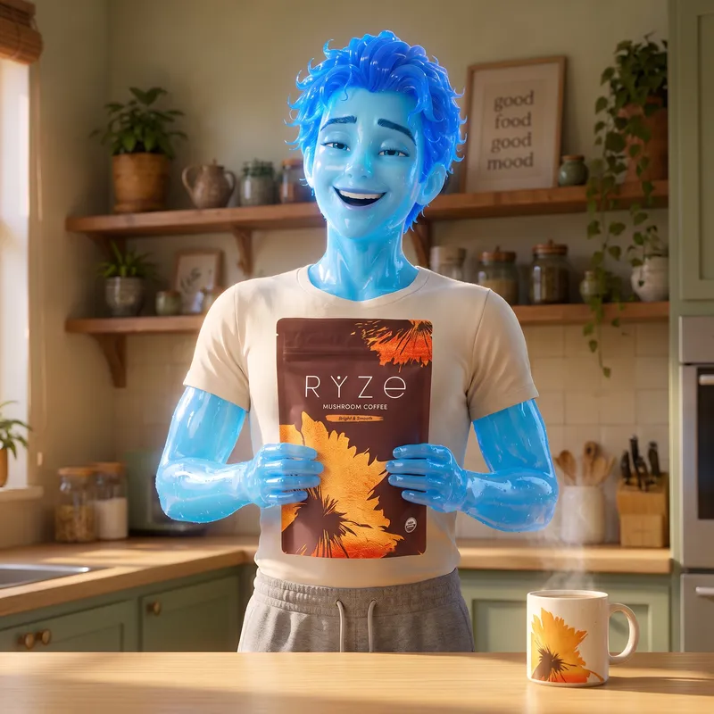 Animated young man made of translucent blue glass holding a bag of RYZE Mushroom Coffee in his kitchen