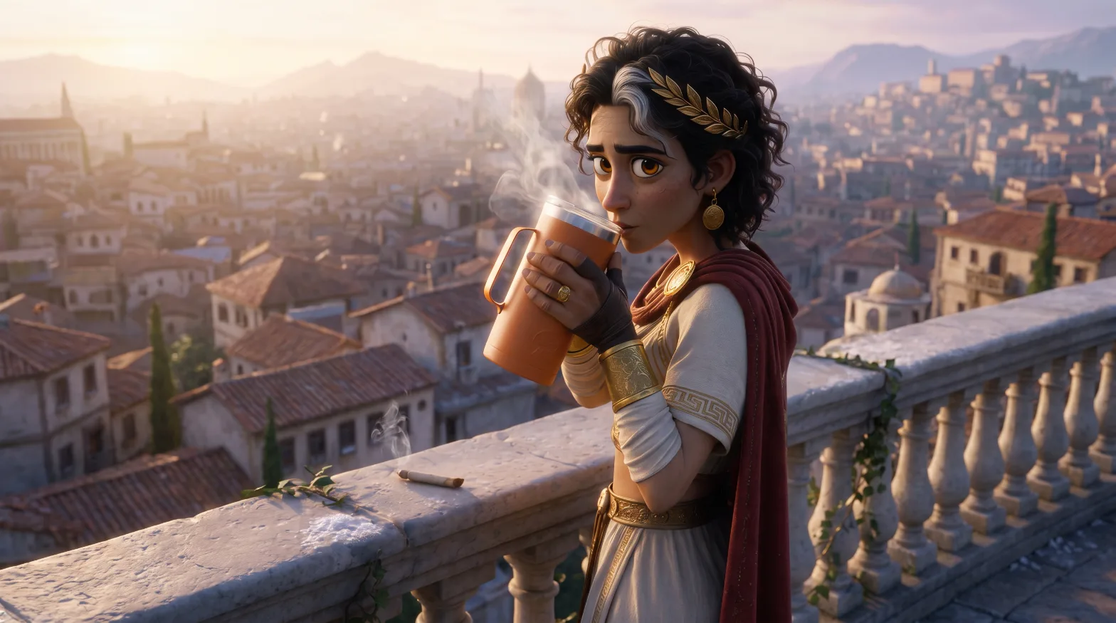 Woman on a balcony at dawn drinking coffee the morning after, a joint resting on the stone rail
