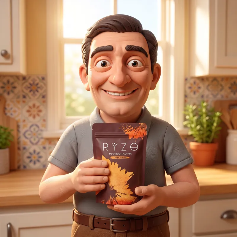 Clay-animation dad holding a bag of RYZE Mushroom Coffee in his kitchen