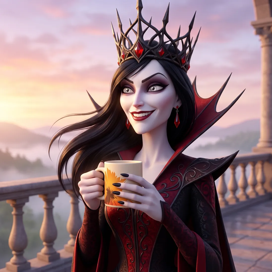 The same queen smiling on her castle balcony at sunrise with her RYZE mug