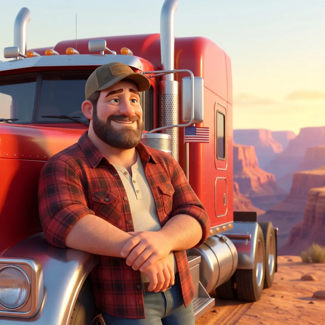 The same trucker relaxed and upright at a canyon overlook at golden hour, leaning on his red semi