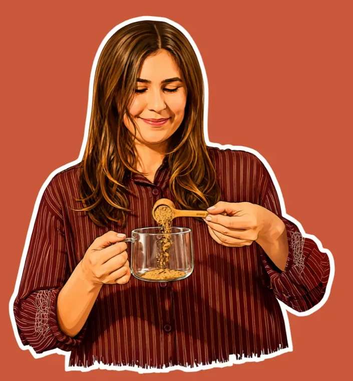Woman pouring a scoop of RYZE into a mug