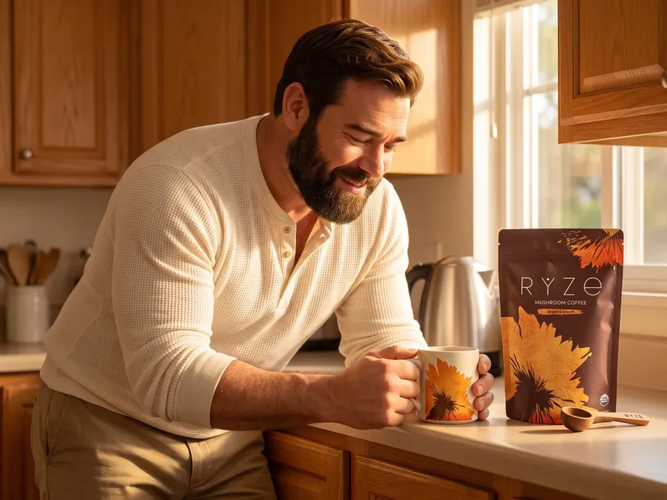 The animated bearded dad holding his floral RYZE mug at his sunlit kitchen counter, the brown RYZE pouch and the wooden scoop beside it.