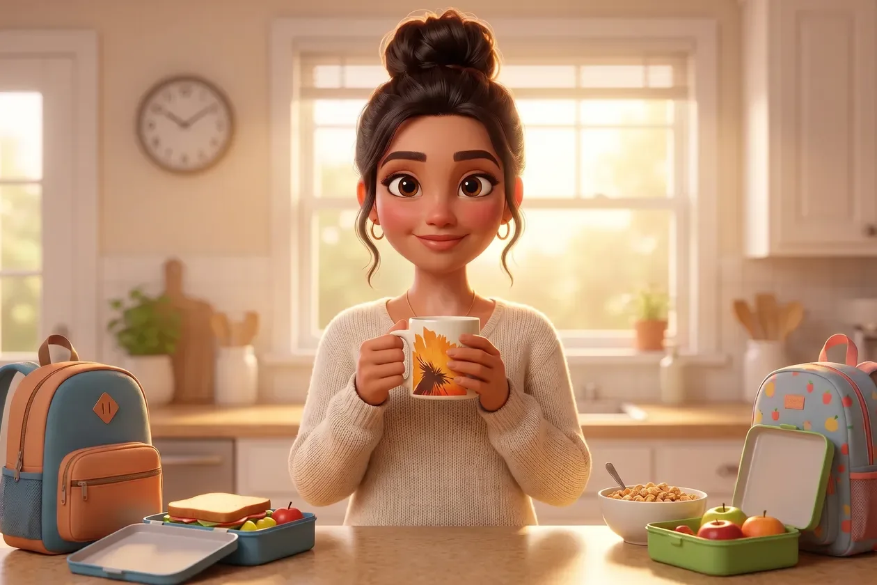 The animated mom standing calm in her school-morning kitchen, backpacks and lunchboxes around, both hands around her floral RYZE mug