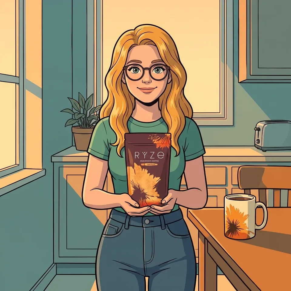 The woman from the ad holding the whole brown RYZE pouch with both hands in her kitchen, smiling.
