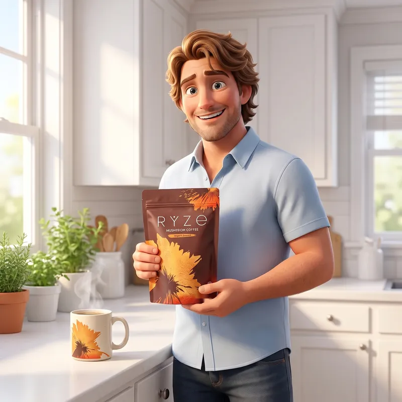 Animated dad in his early 40s holding a bag of RYZE Mushroom Coffee in his bright kitchen