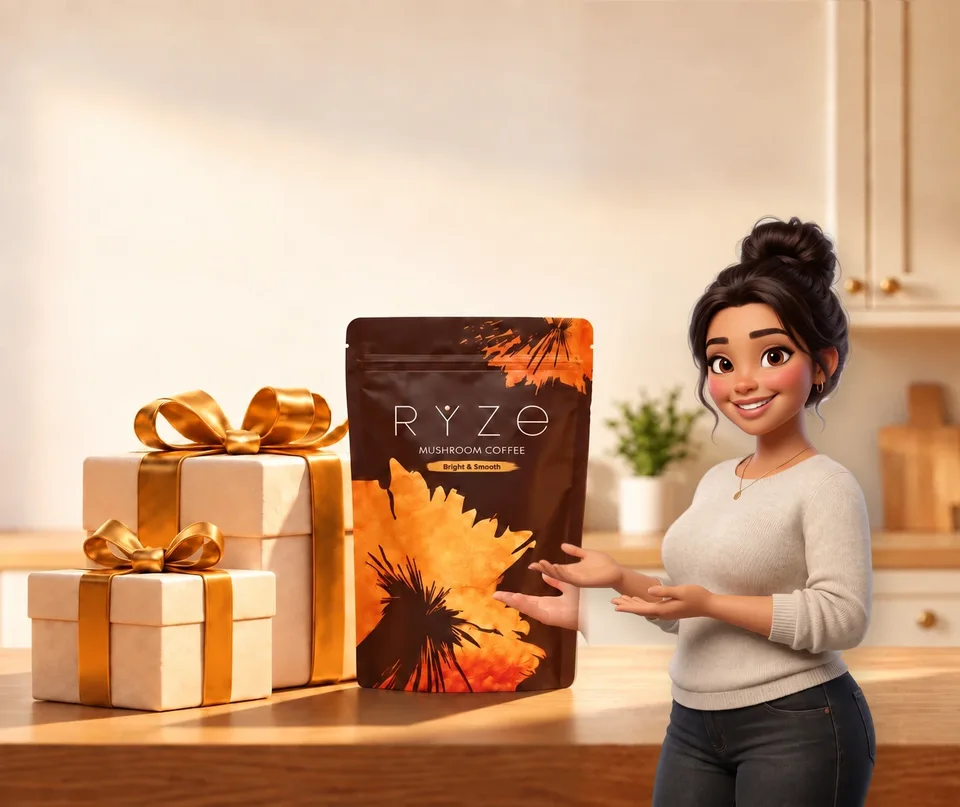 UP TO 40% OFF + FREE GIFTS. RYZE coffee and two wrapped gifts on a kitchen counter with the animated mom presenting them in the foreground.