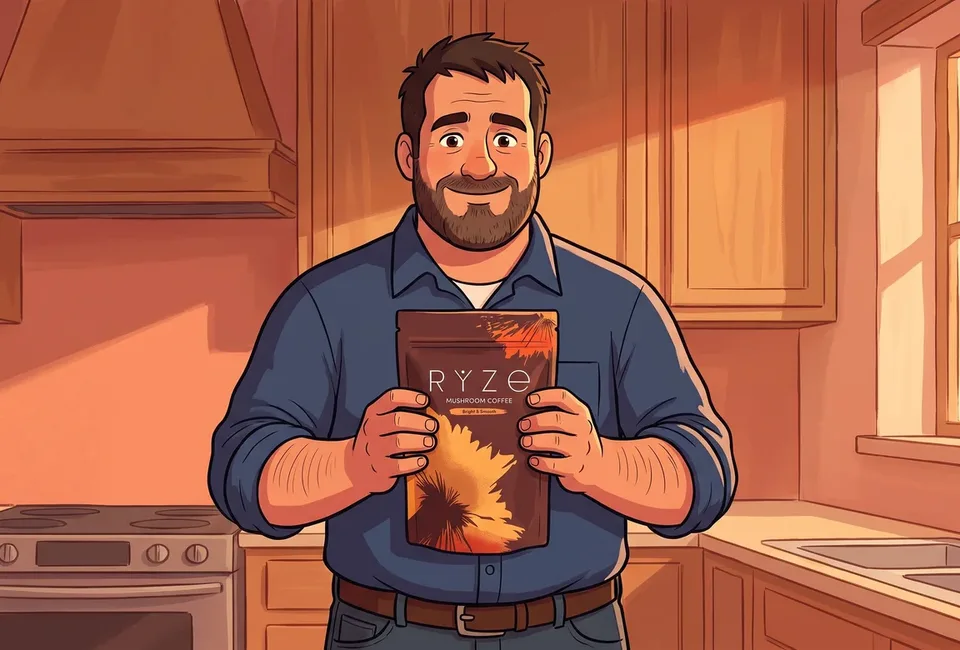The hand-drawn bearded foreman in his kitchen holding the brown RYZE Mushroom Coffee pouch with both hands, smiling.