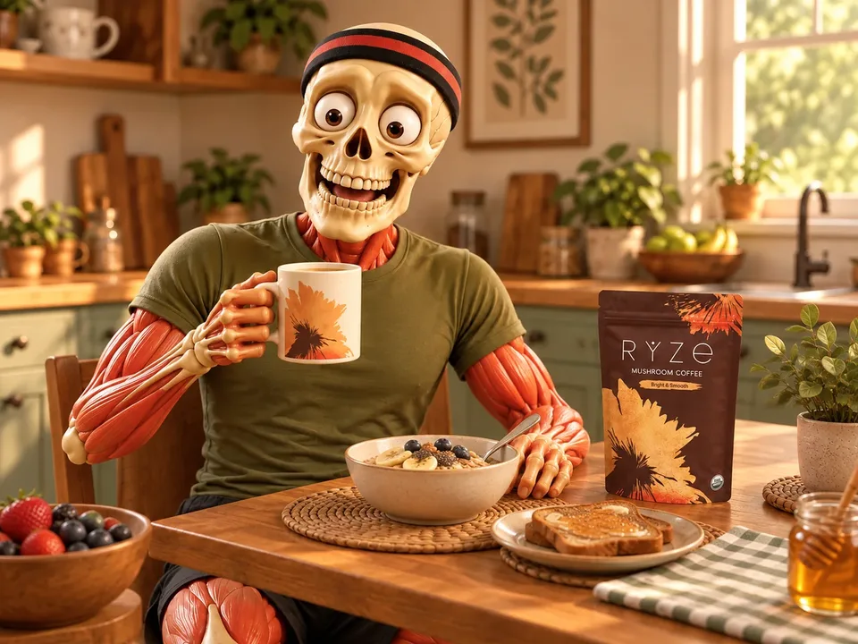 Friendly sporty skeleton in a red-and-black headband and olive T-shirt sitting comfortably at a balanced meal.