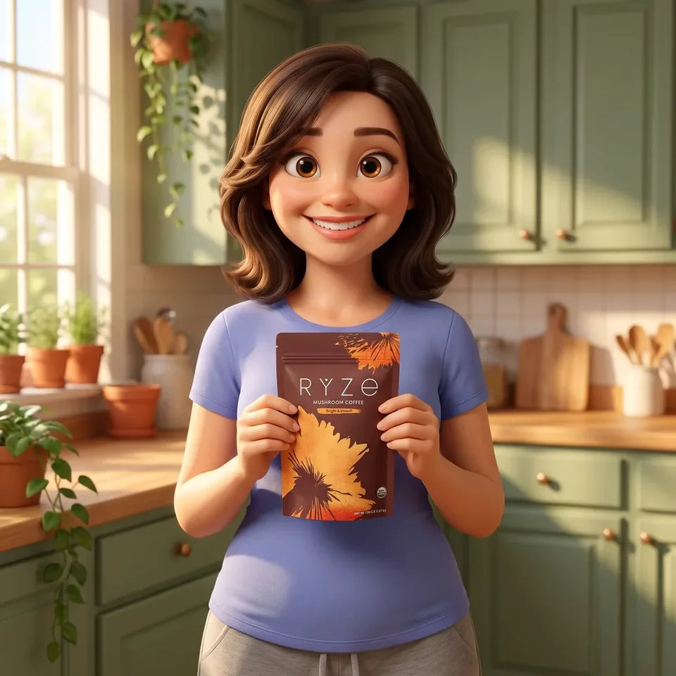 Animated woman holding the whole brown RYZE Mushroom Coffee pouch at chest height with a reassuring smile