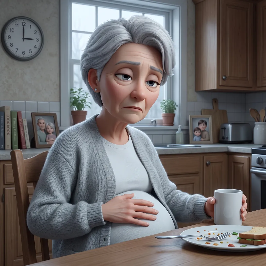 The animated mother in a grey cardigan slumped at the kitchen table mid-afternoon, tired and bloated, plain white mug beside her