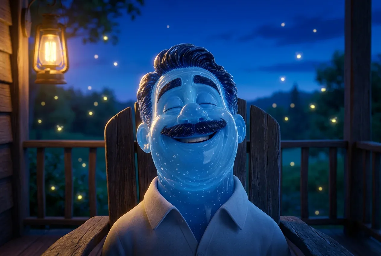 Animated man unwound in a porch chair at dusk, completely at ease