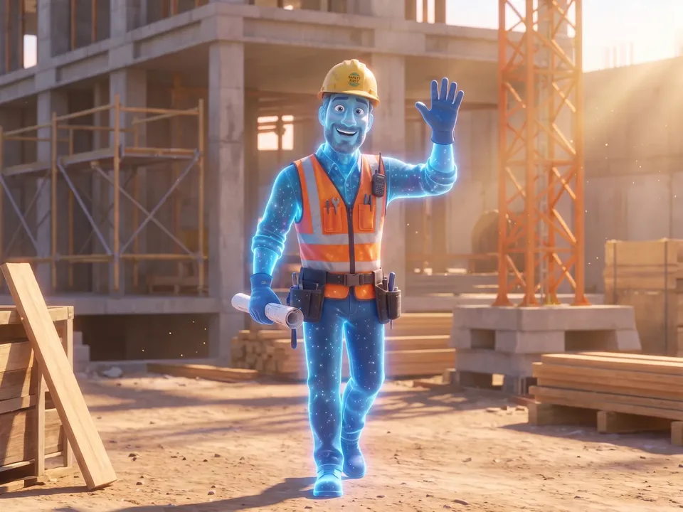 The animated glowing blue construction worker from the ad walking the sunlit site at two with a blueprint, waving, full of energy.