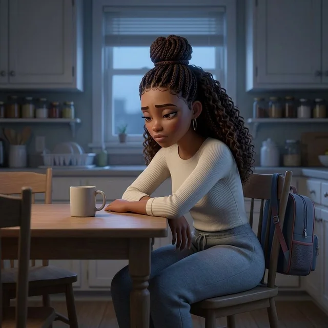 Woman sitting at her kitchen table at the end of a long day