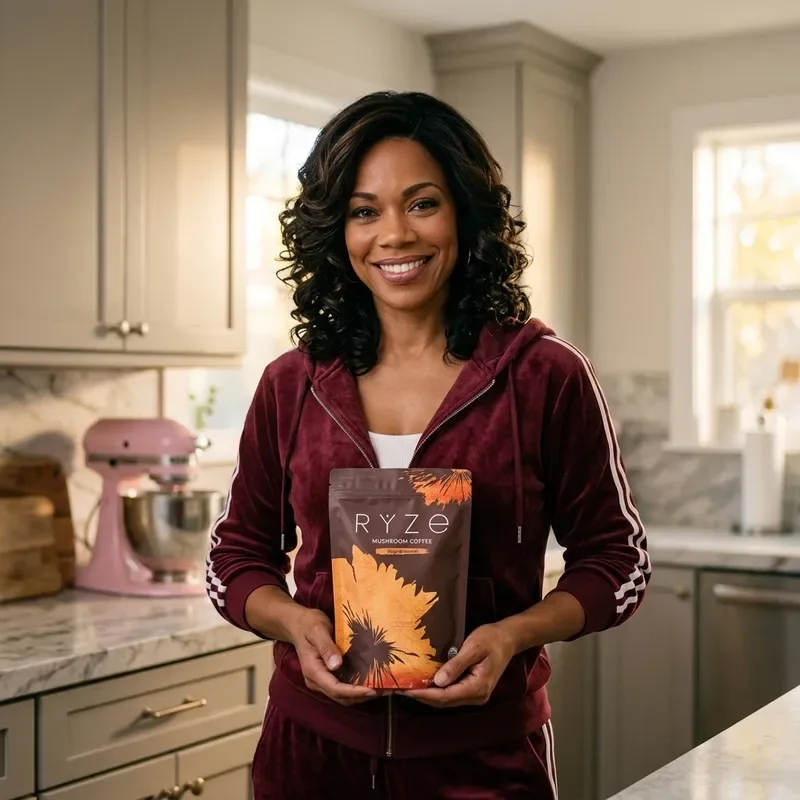 Woman holding a bag of RYZE mushroom coffee in her kitchen
