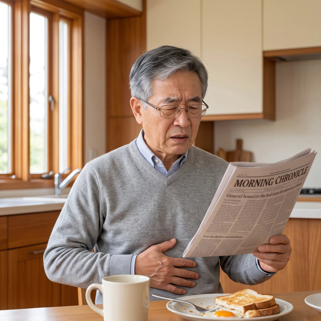 Older man feeling uncomfortable at breakfast