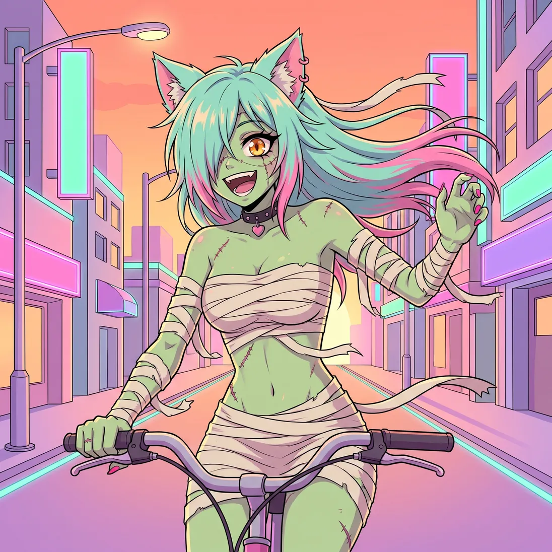 The anime cat girl laughing as she rides her bicycle through the city at golden hour, energy left at five in the afternoon.