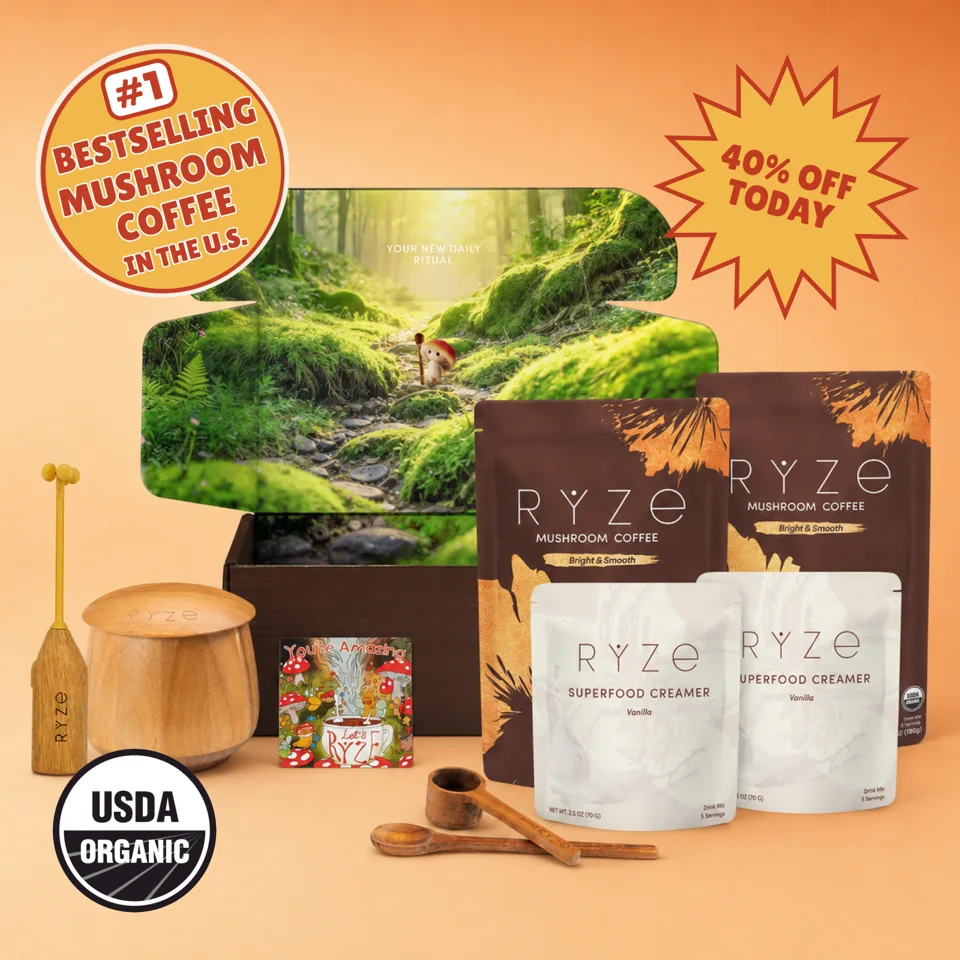 RYZE Ritual Set with coffee, creamer and acacia accessories