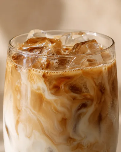Iced RYZE mushroom coffee latte swirling in a tall glass
