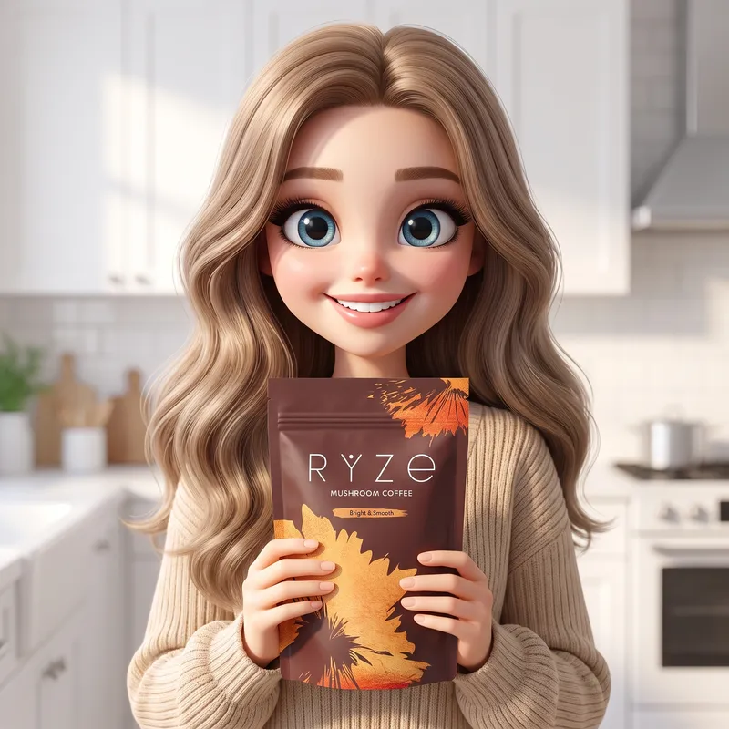 Woman holding a bag of RYZE mushroom coffee in her kitchen