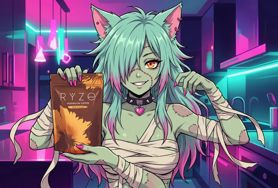 The neon anime cat girl in her night kitchen holding up the brown RYZE Mushroom Coffee pouch, grinning.
