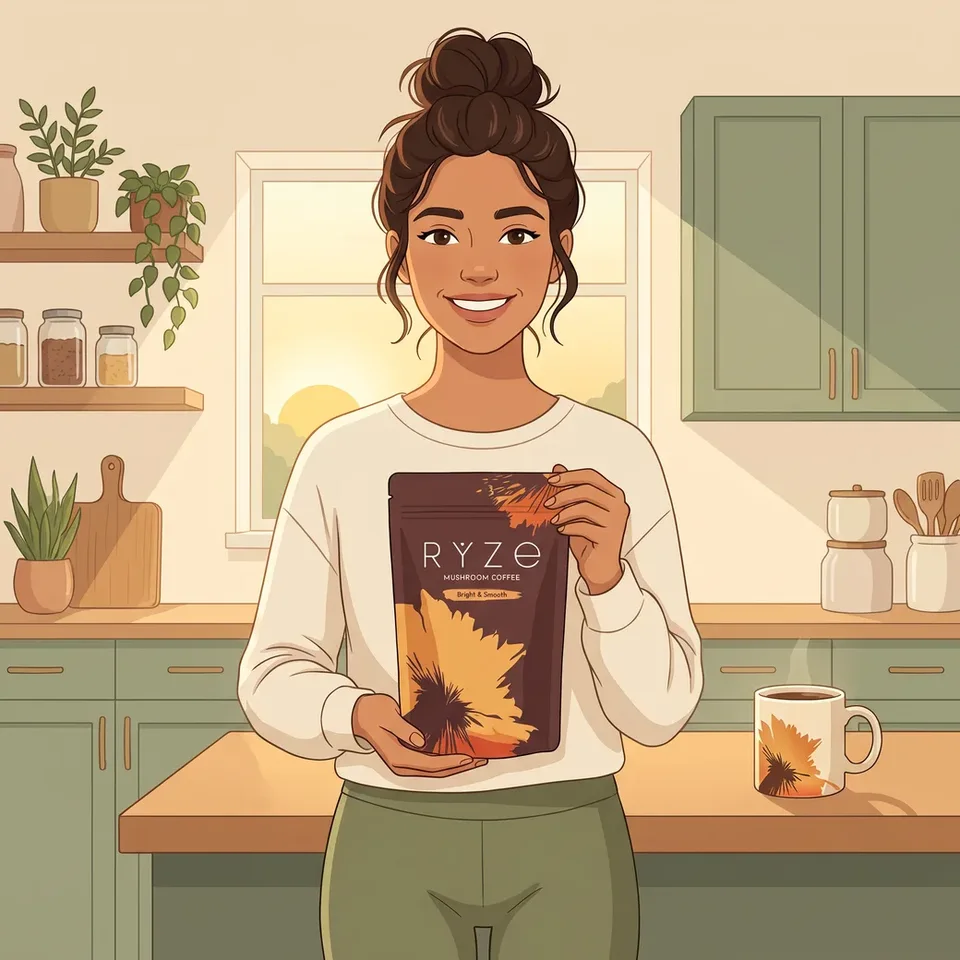 The illustrated woman from the ad holding the brown RYZE Mushroom Coffee pouch with both hands in her sunlit kitchen, smiling.