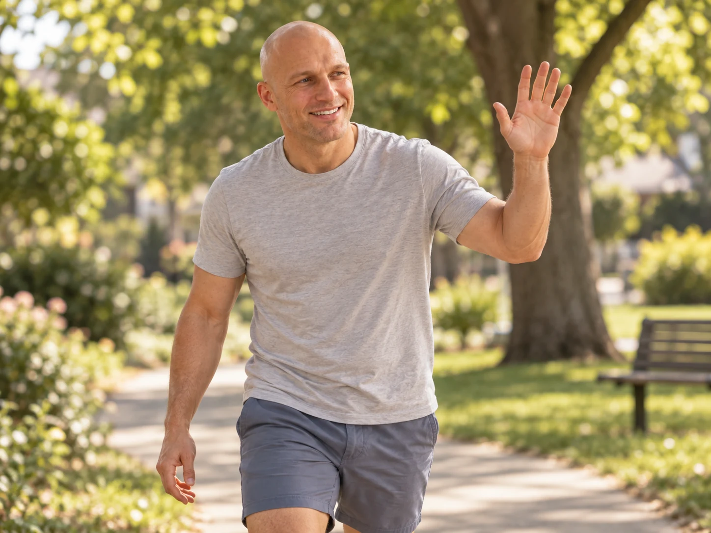 The natural bald man in a grey T-shirt walking outdoors