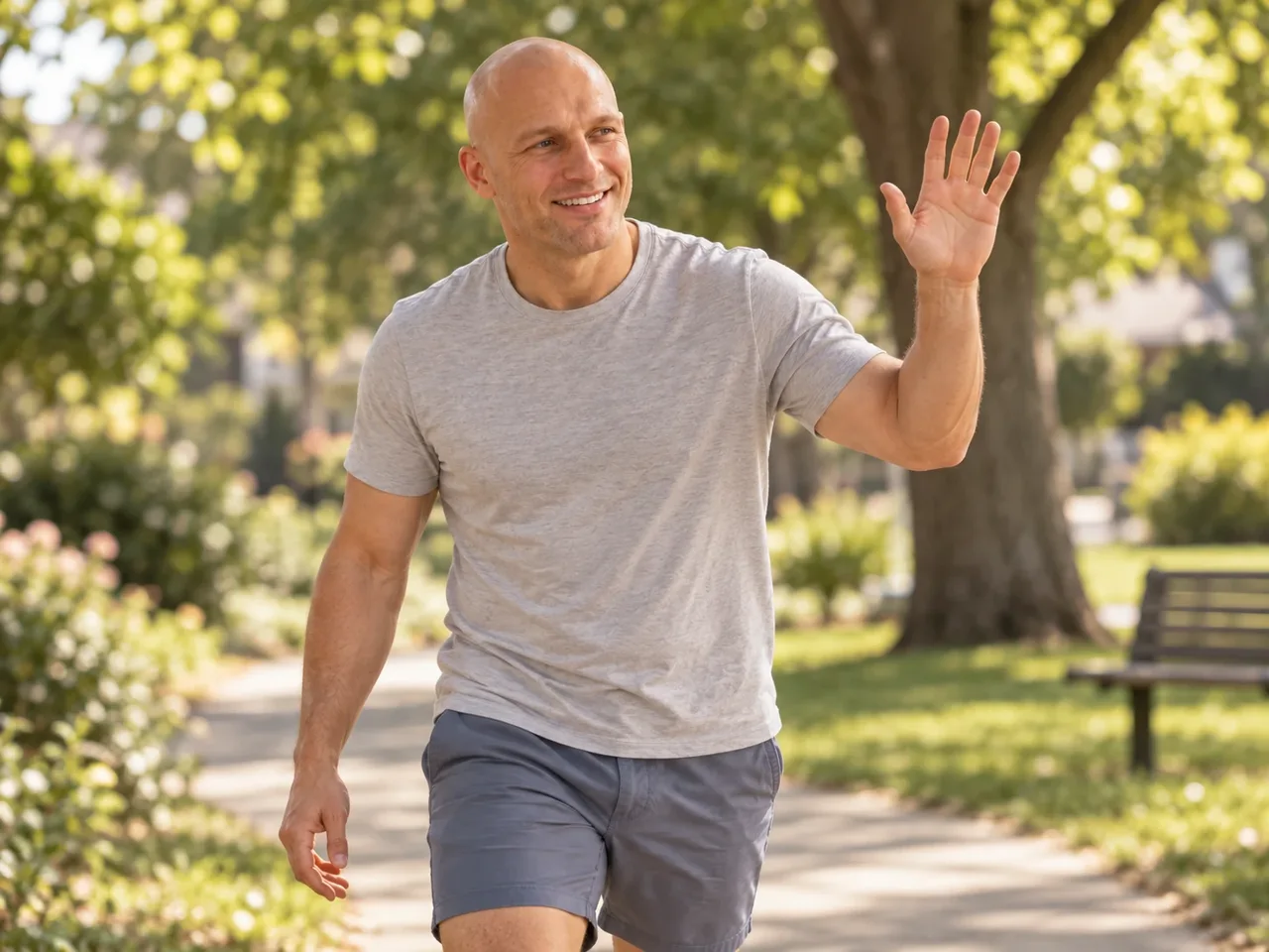 The natural bald man in a grey T-shirt in the matching campaign scene with consistent facial features