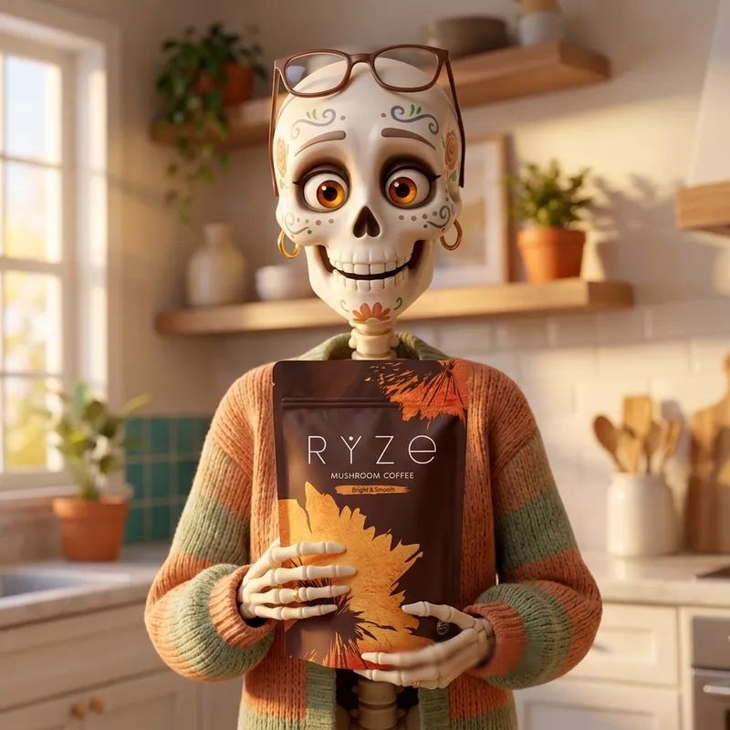 Animated woman holding a bag of RYZE mushroom coffee in her kitchen
