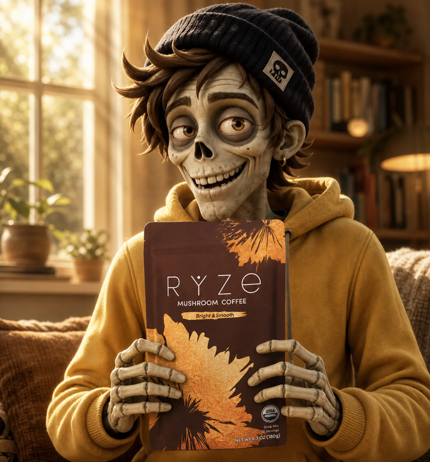 A skeleton character beaming as they hold a bag of RYZE mushroom coffee