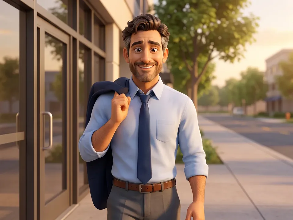 The same dad walking out of his office doors into late-afternoon sunlight, jacket over his shoulder, upright and smiling, no cup.