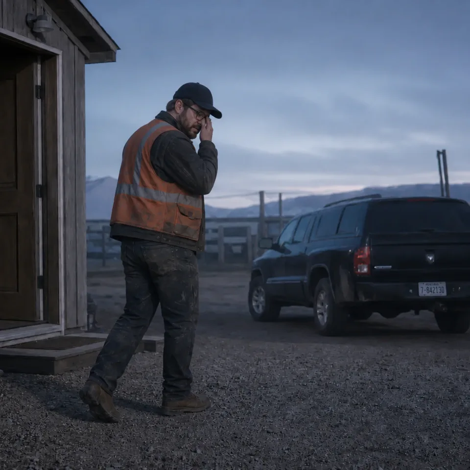 Tradesman in a hi-vis vest walking in at dusk after a shift, rubbing his eyes beside his truck