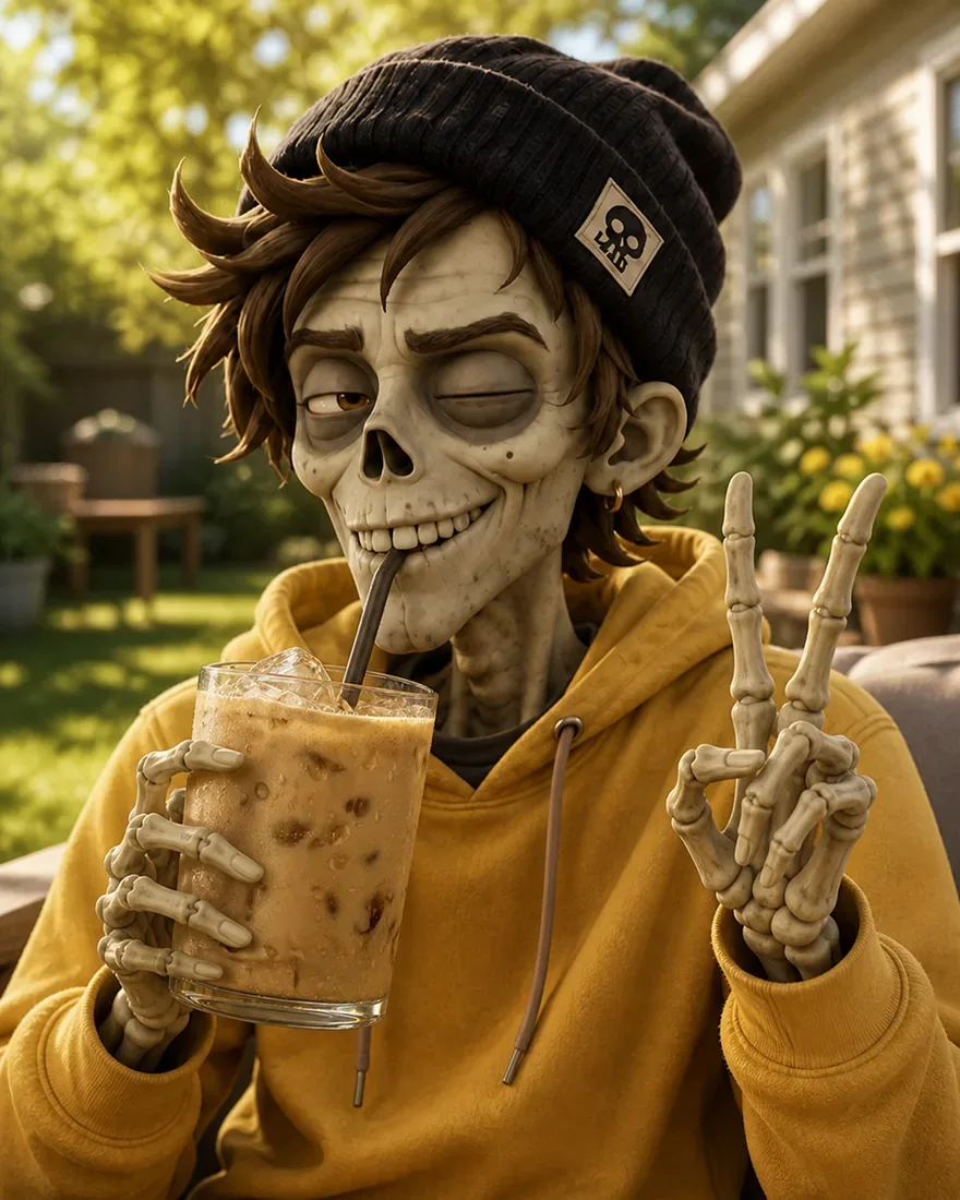 Skeleton character sipping an iced RYZE mushroom coffee, relaxed and dialed in