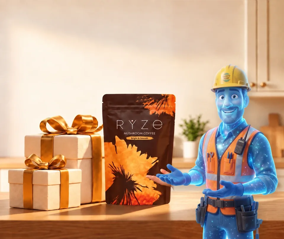 UP TO 40% OFF + FREE GIFTS. RYZE coffee and two wrapped gifts on a kitchen counter with the animated glowing blue construction worker presenting them in the foreground.